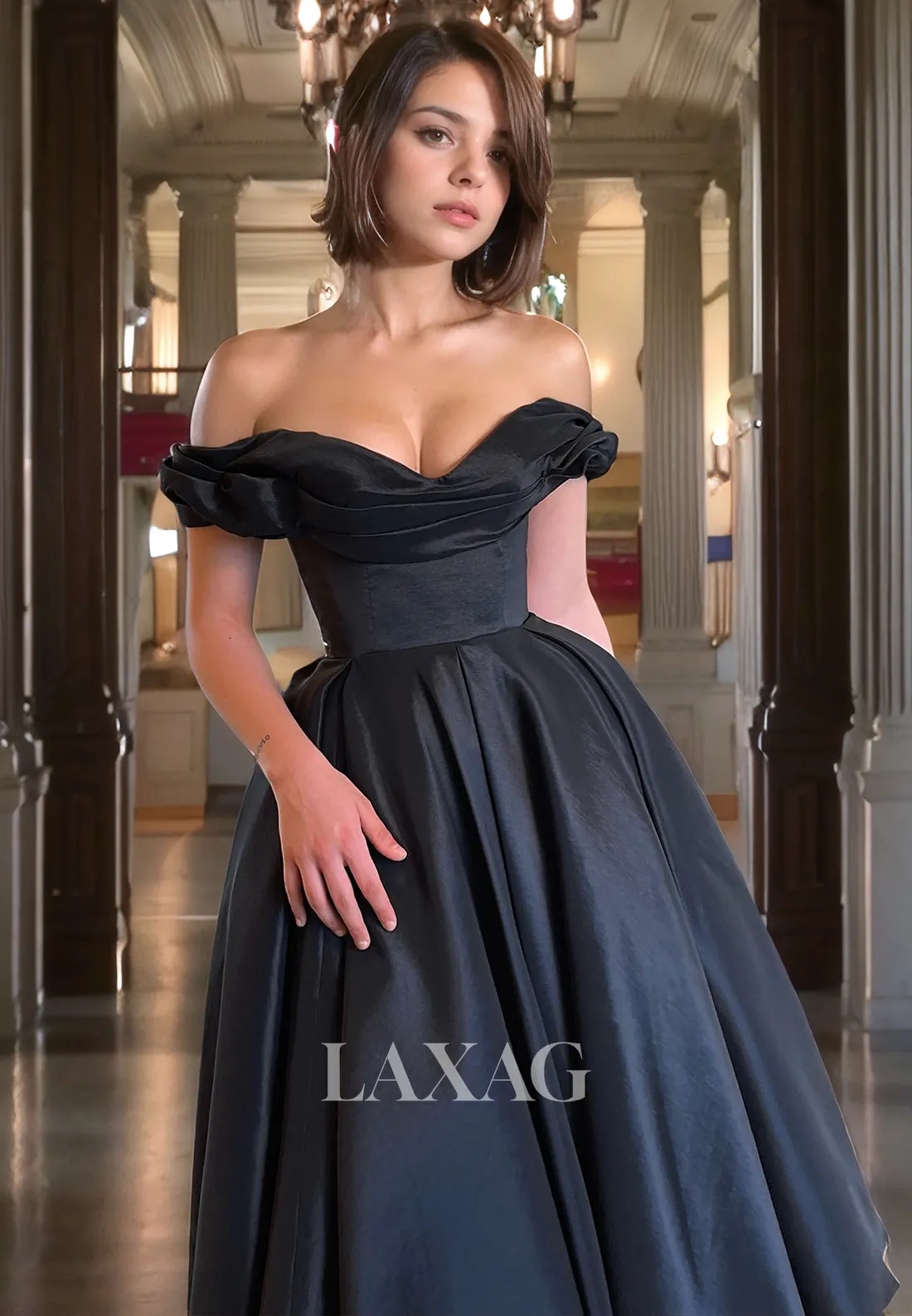 13796 - Embellished Sleeveless Off Shoulder Black Prom Dress