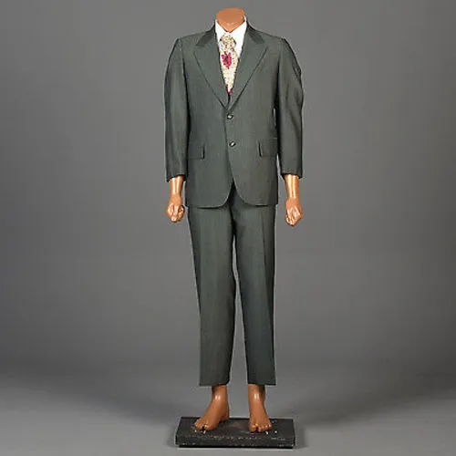 1970s Mens Two Piece Suit in Green Sharkskin