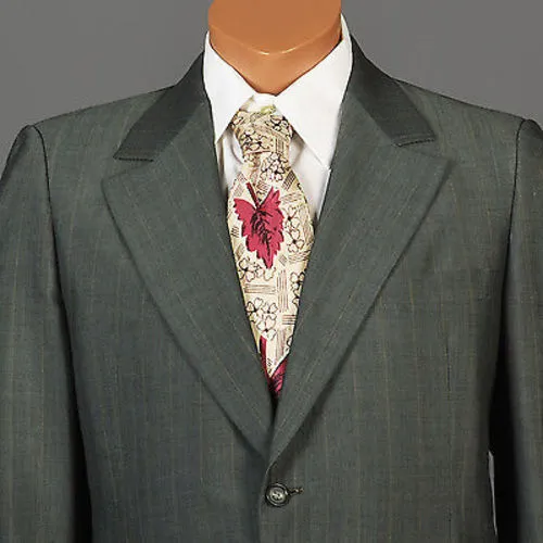 1970s Mens Two Piece Suit in Green Sharkskin