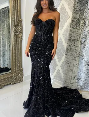 A-Line Mermaid / Trumpet Prom Dresses Glittering Dress Prom Wedding Party Court Train Sleeveless Sweetheart Sequined Backless with Sequin Pure Color