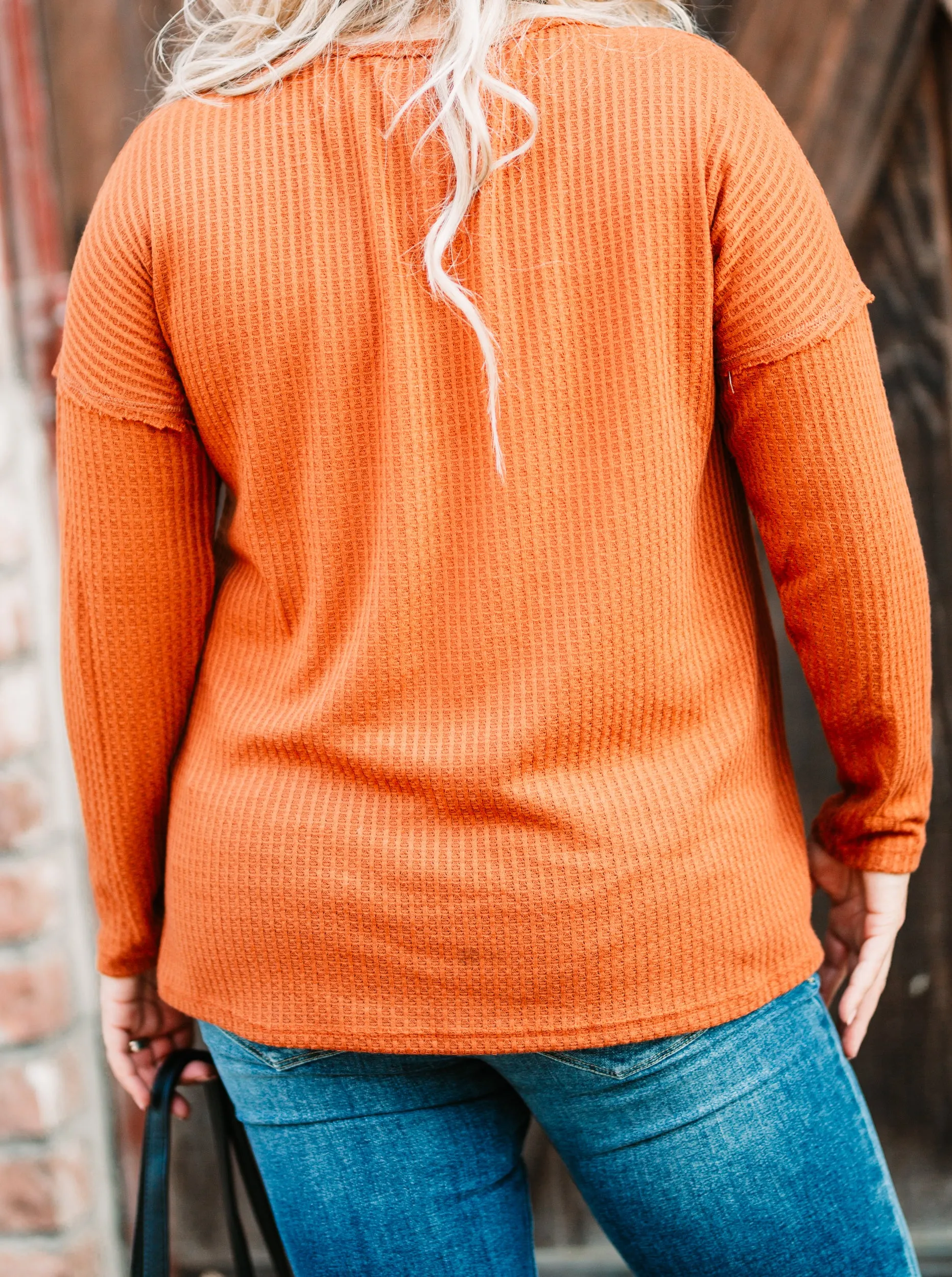 Back To Basic Thermal Waffle Knit Long Sleeve In Rust