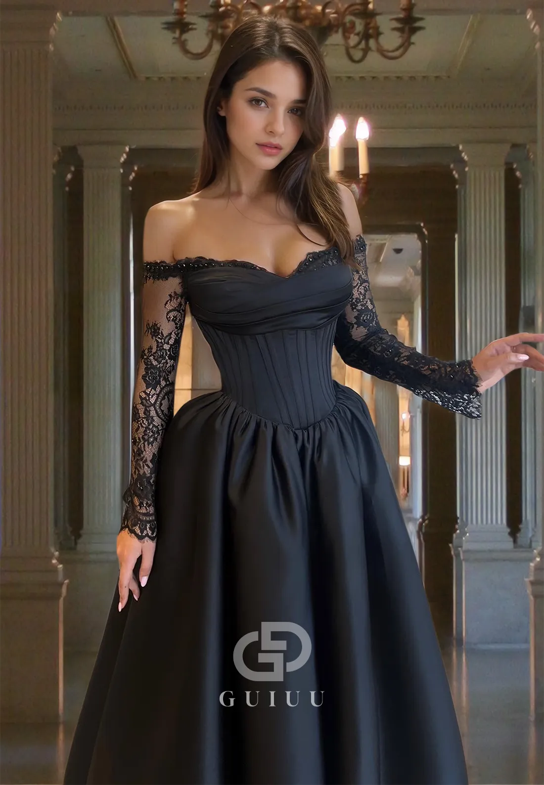 Black A-Line Long Sleeves Sweetheart Empire-Waist Ruched Prom Evening Dress