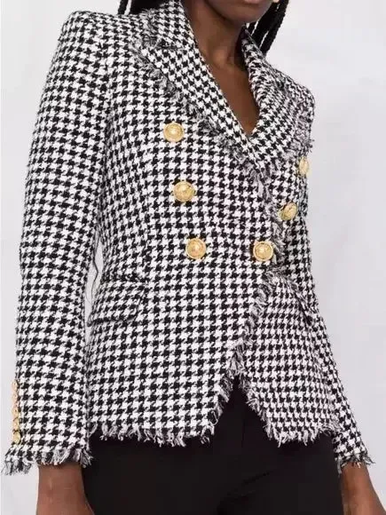 Black and White Houndstooth Double-Breasted Frayed Jacket