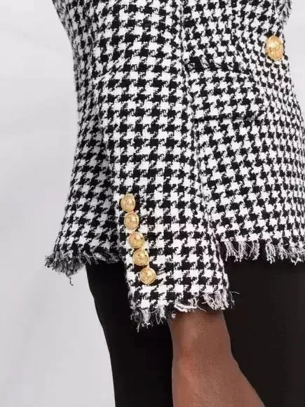 Black and White Houndstooth Double-Breasted Frayed Jacket