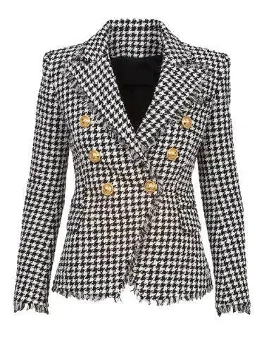 Black and White Houndstooth Double-Breasted Frayed Jacket