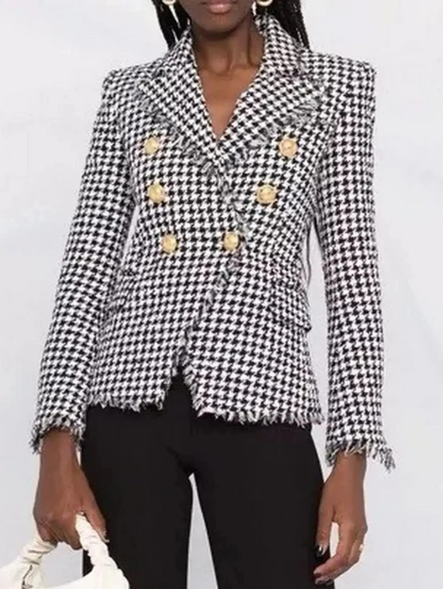 Black and White Houndstooth Double-Breasted Frayed Jacket