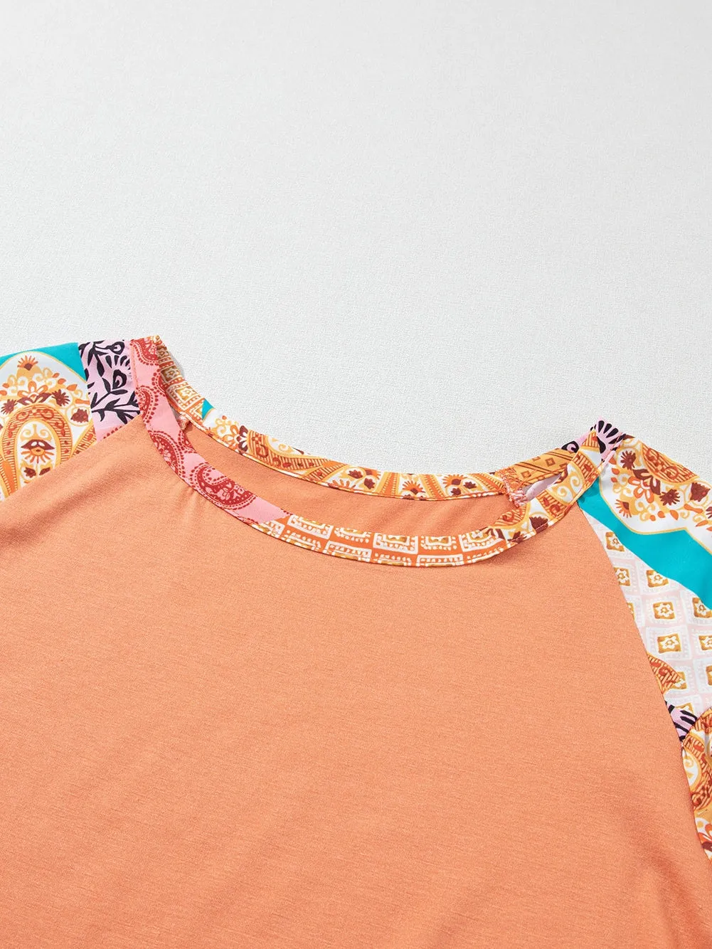 Boho Chic Orange Paisley Raglan Blouse with Ruffle Detail