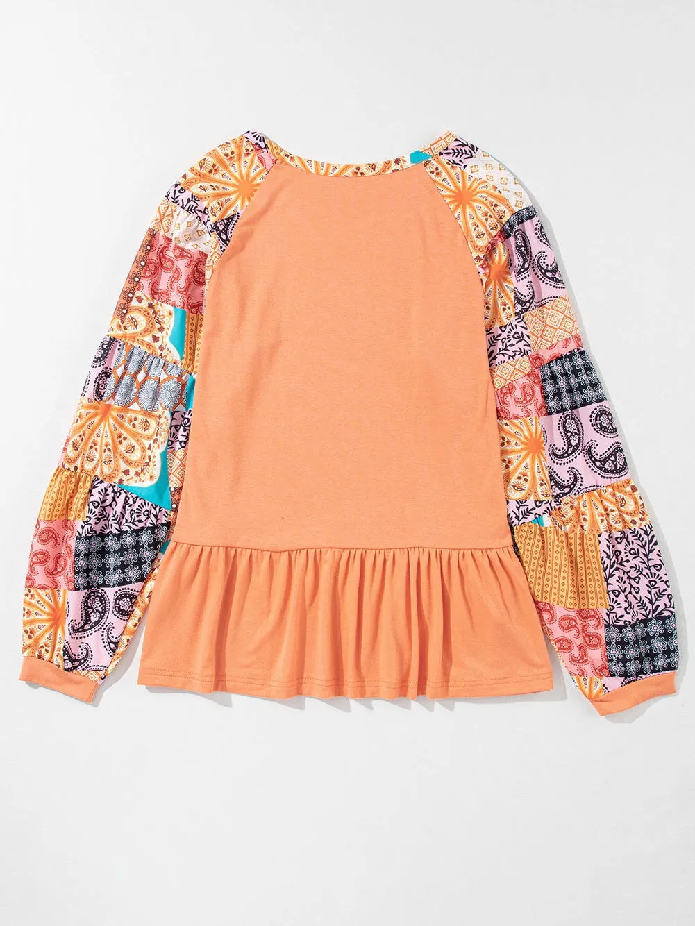 Boho Chic Orange Paisley Raglan Blouse with Ruffle Detail