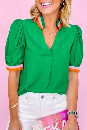 Bright Green Color Stripes Short Sleeve Blouse