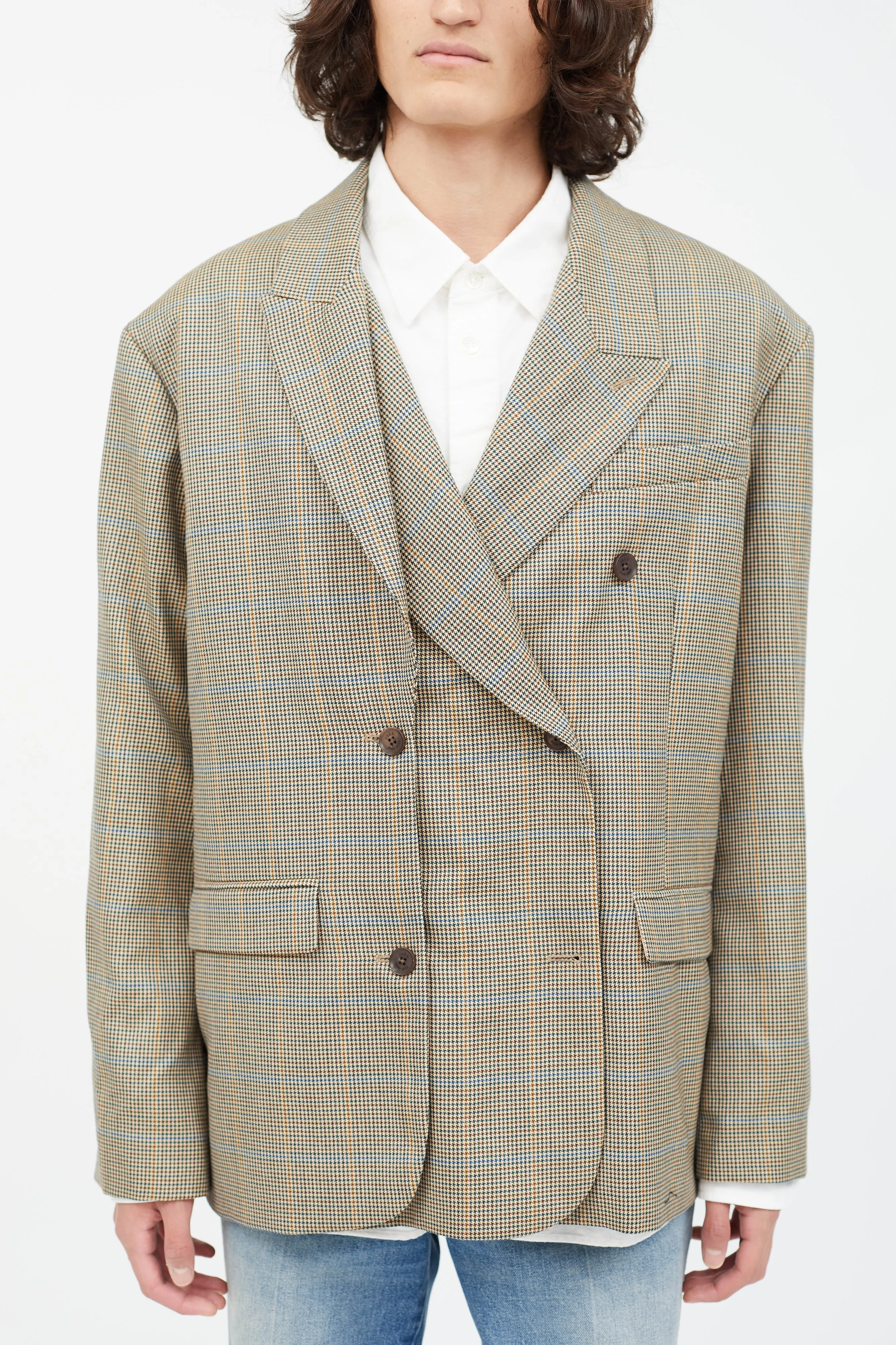 Brown Houndstooth Asymmetrical Wool Blazer