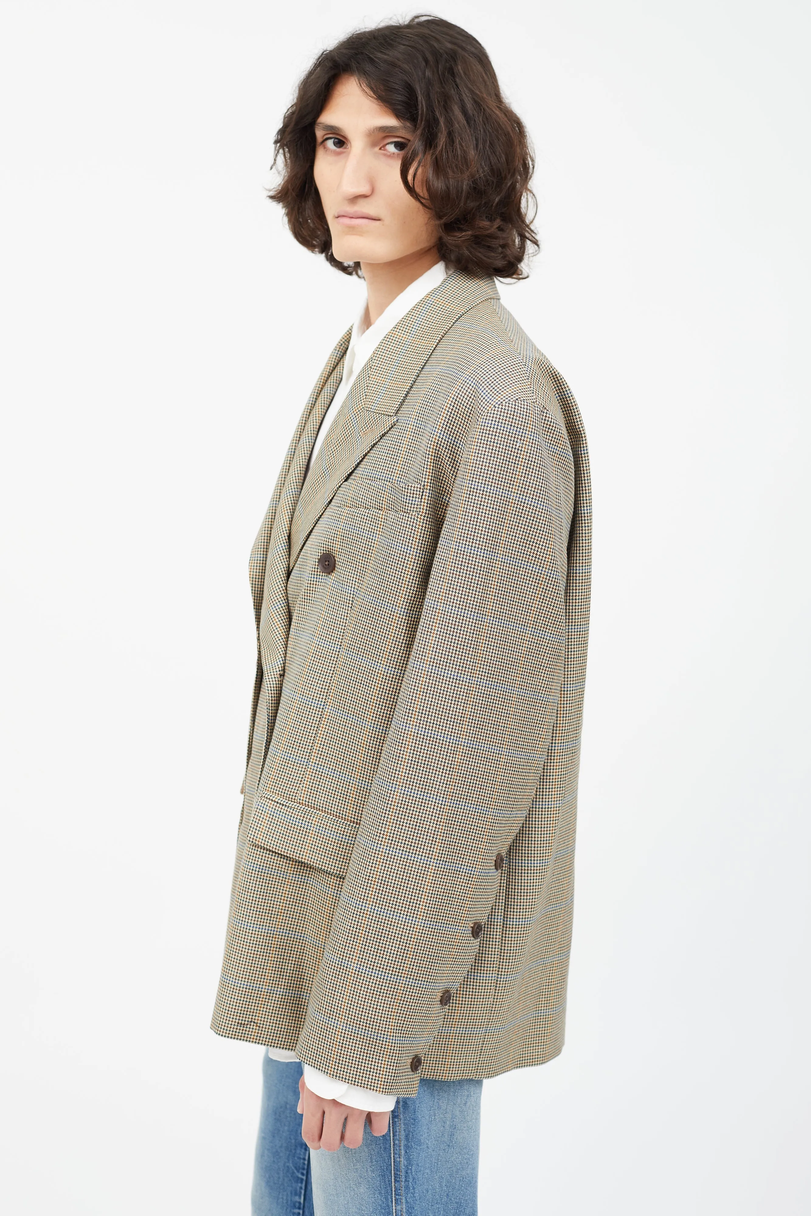 Brown Houndstooth Asymmetrical Wool Blazer