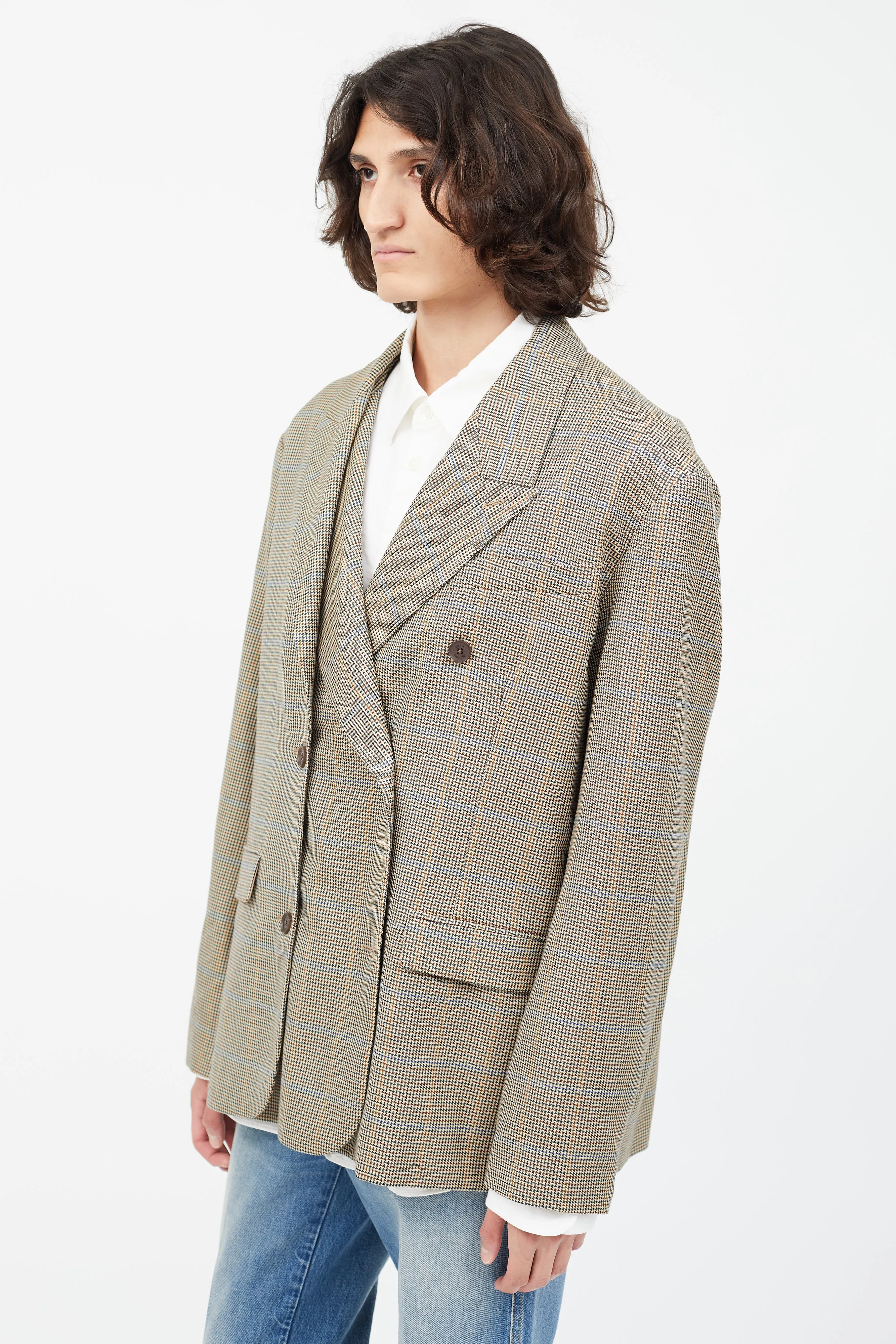 Brown Houndstooth Asymmetrical Wool Blazer