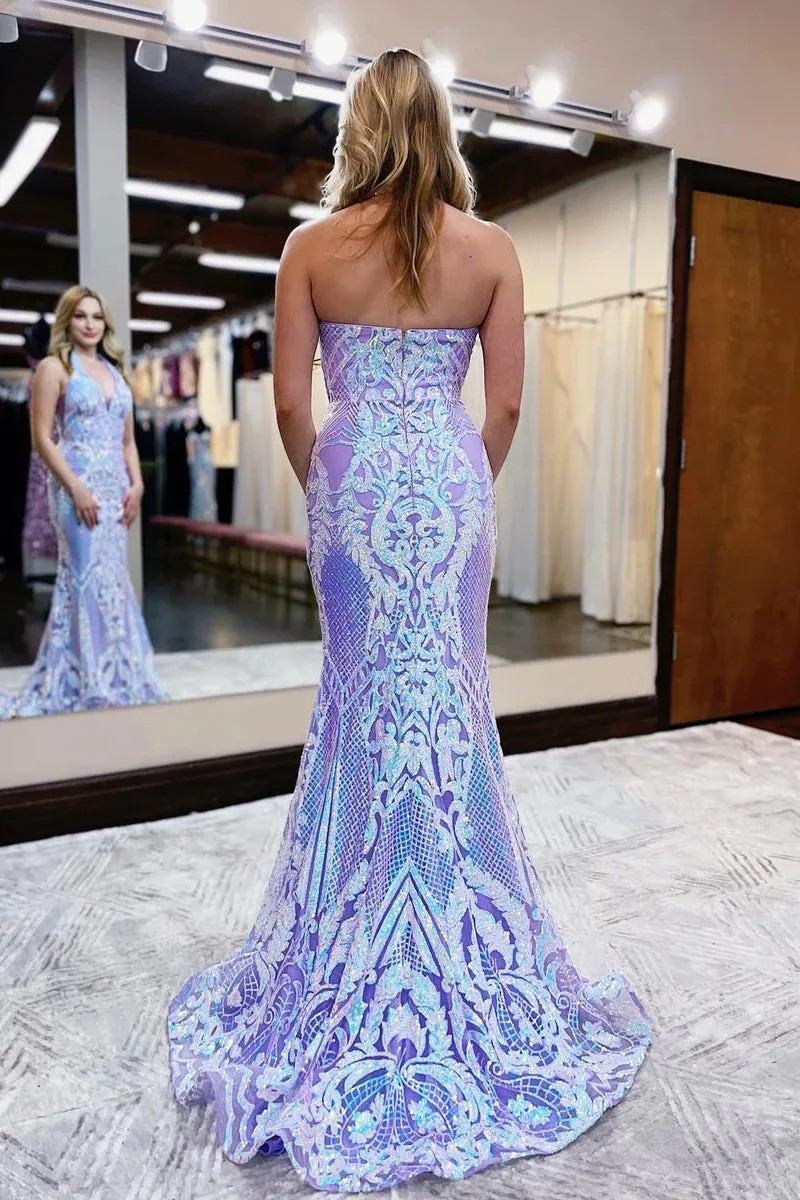 Charming Mermaid Halter Lavender Sequin Lace Long Prom Dresses with Train