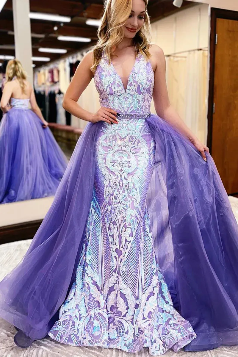 Charming Mermaid Halter Lavender Sequin Lace Long Prom Dresses with Train