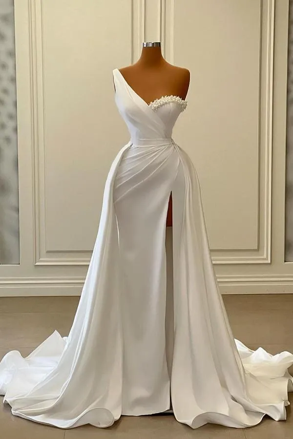 Charming White Long Mermaid One Shoulder Satin Beading Formal Prom Dresses