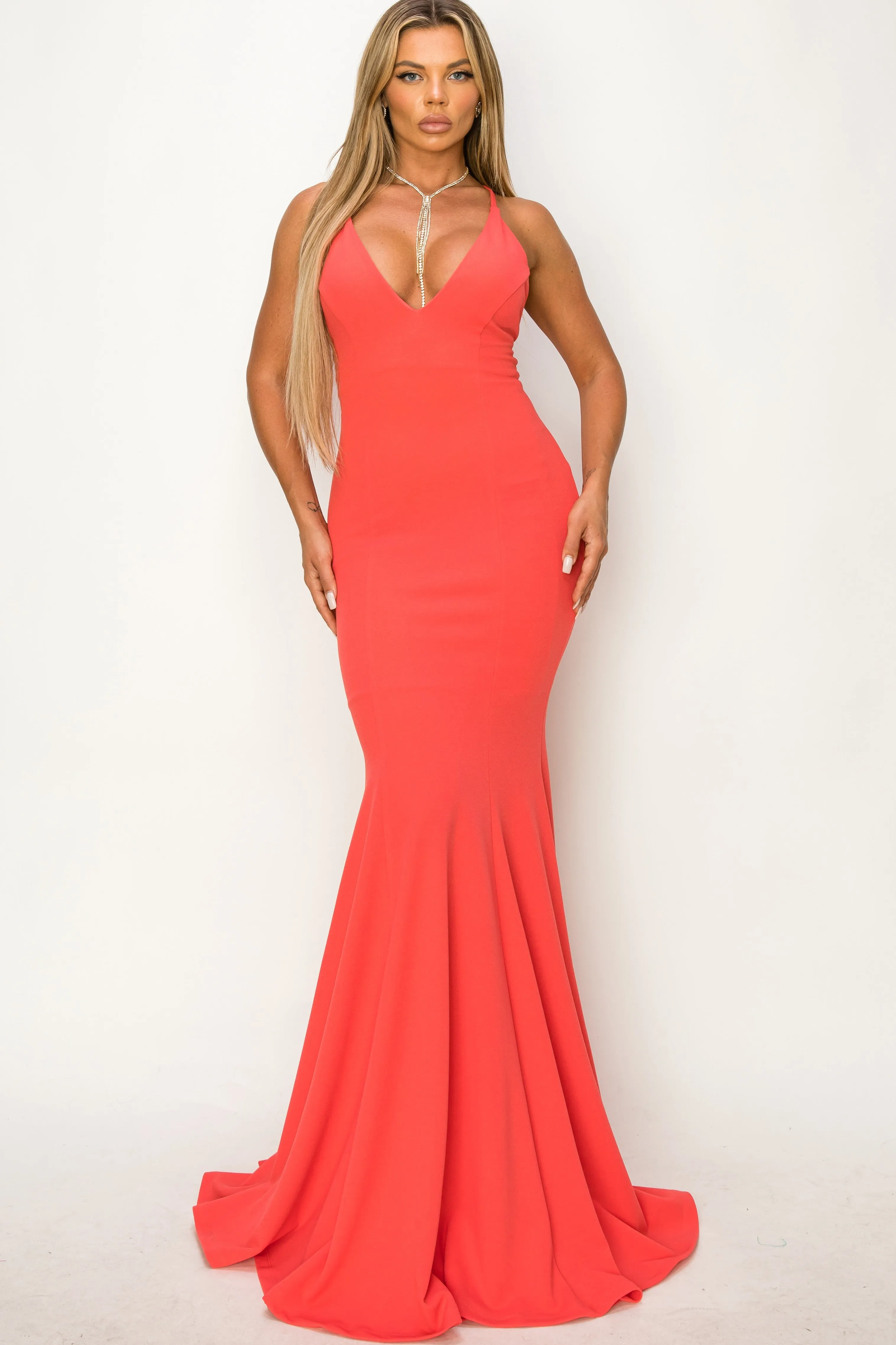 Coral Mermaid Deep V-neck Prom Maxi Dress