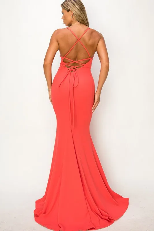 Coral Mermaid Deep V-neck Prom Maxi Dress