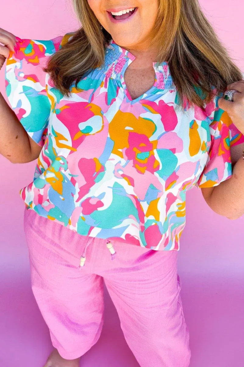 Danyelle Pink Multicolor Abstract Ruffled Plus Size Blouse