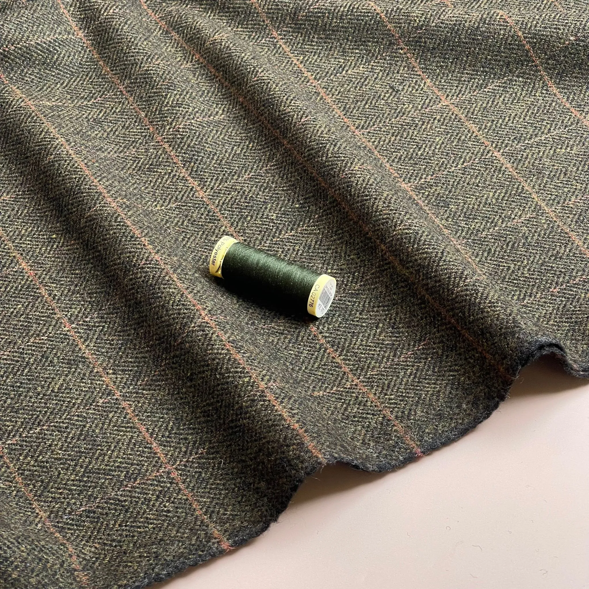 Deadstock Herringbone Check on Forest Green Soft Wool Tweed Coating