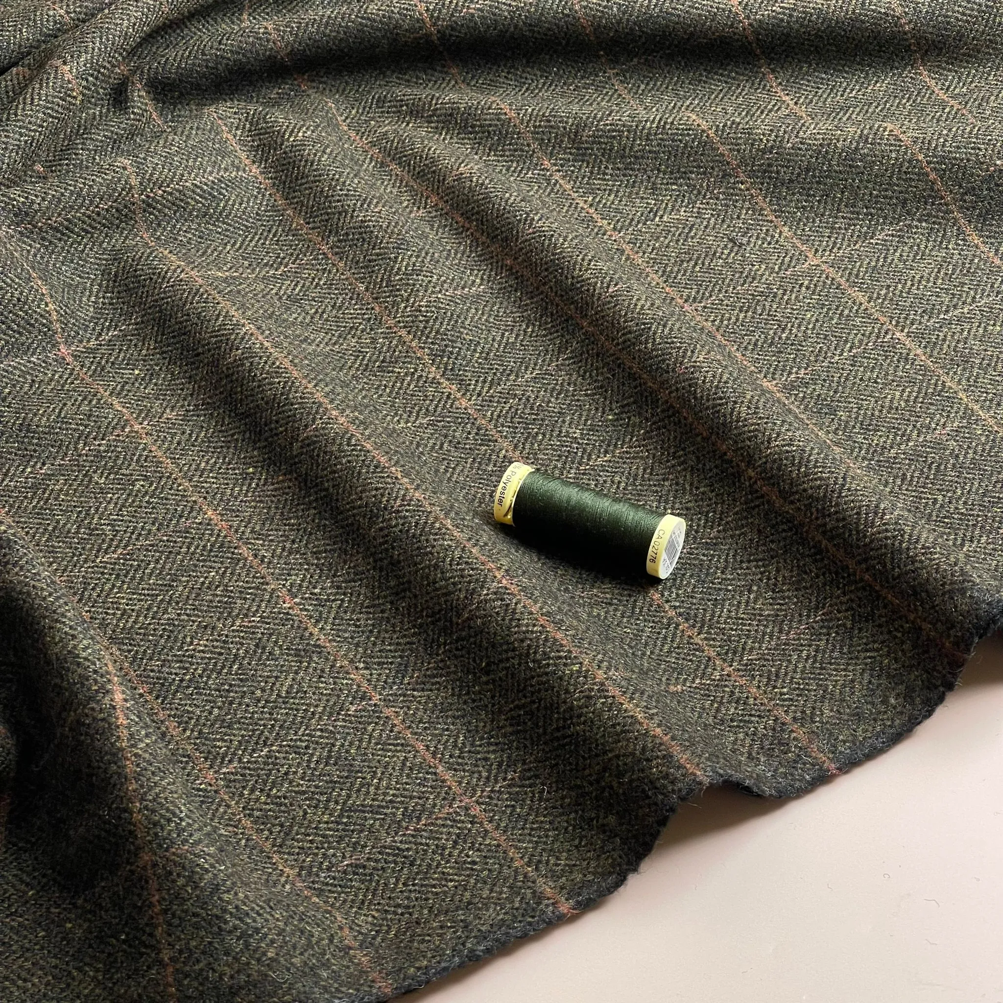 Deadstock Herringbone Check on Forest Green Soft Wool Tweed Coating