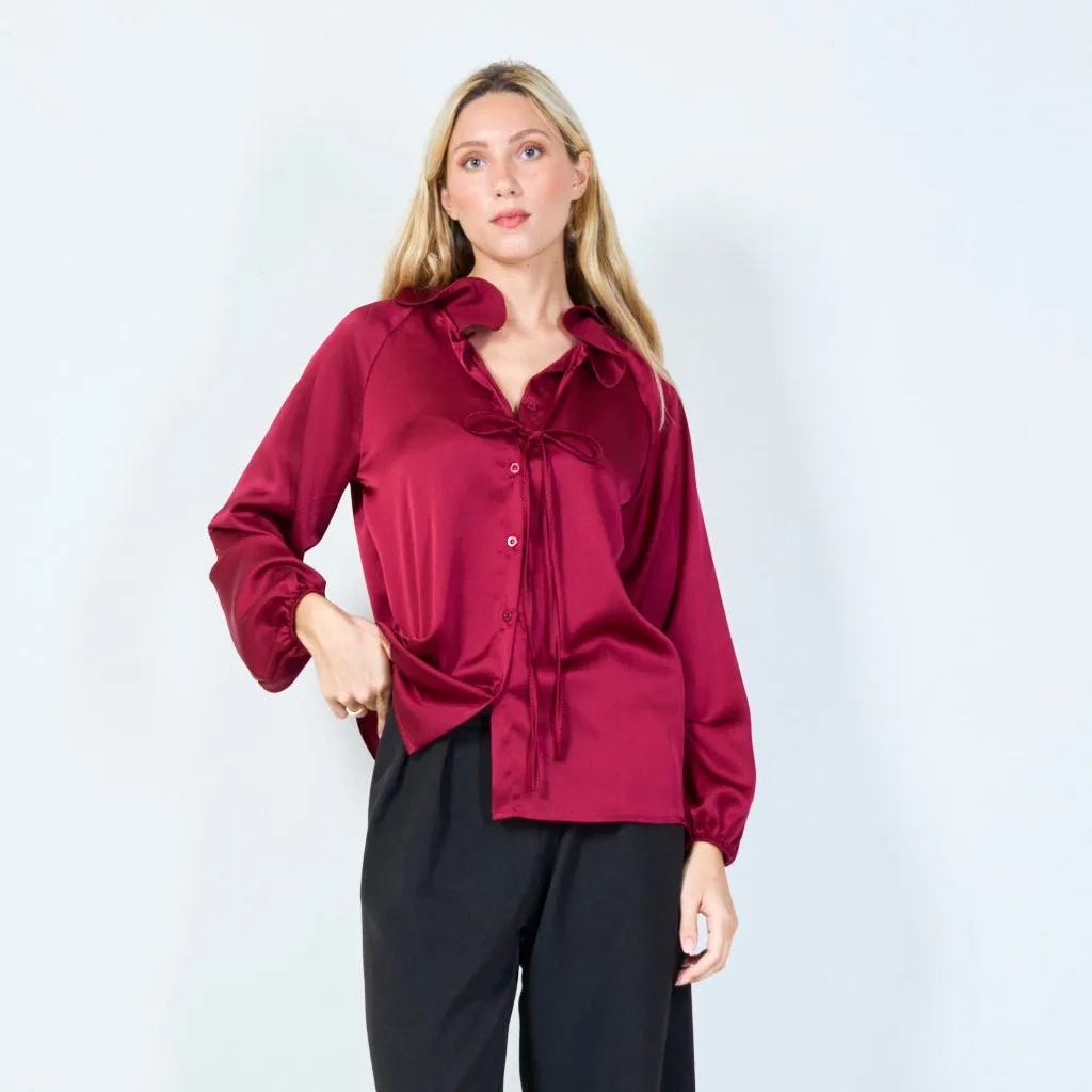 Elegant tie-neck blouse with ruffled collar wholesale