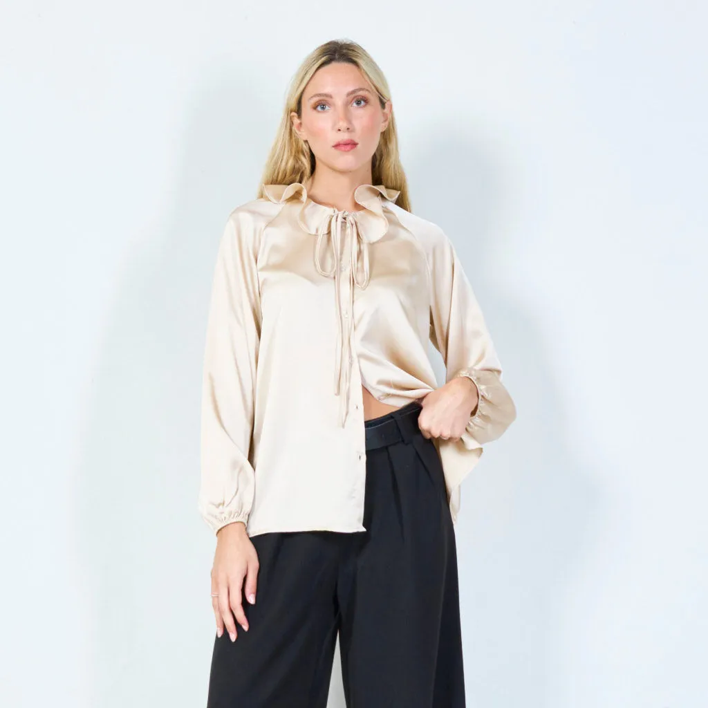 Elegant tie-neck blouse with ruffled collar wholesale