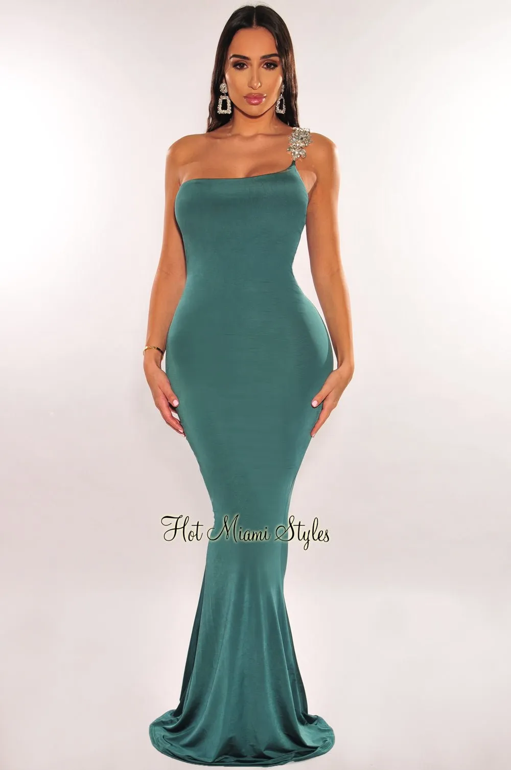 Emerald Rhinestone Silky One Shoulder Gown