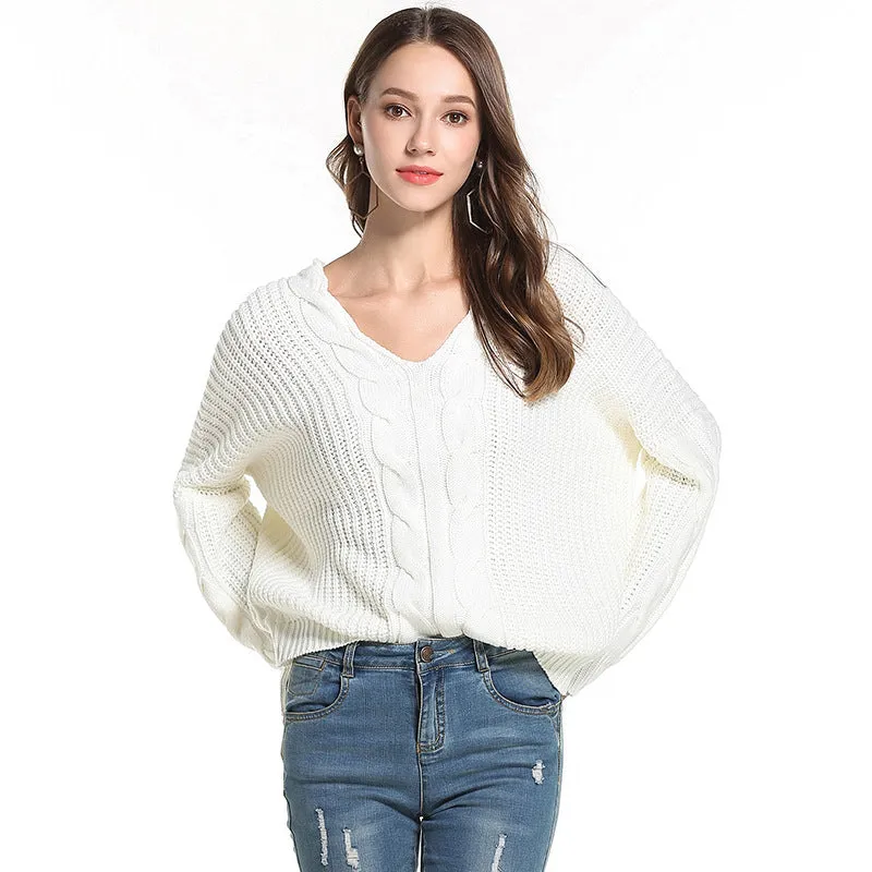 Fashion Loose Twist V- neck Sweaters