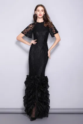 FashionSierra - Women's Runway Designer Dresses O Neck Short Sleeves Embroidery Lace Prom Ruffles Mermaid Black Long Party Dresses