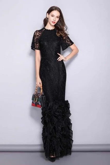 FashionSierra - Women's Runway Designer Dresses O Neck Short Sleeves Embroidery Lace Prom Ruffles Mermaid Black Long Party Dresses