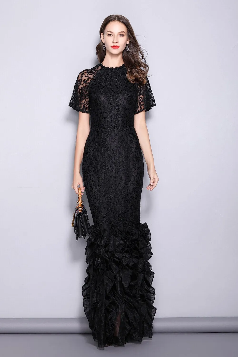 FashionSierra - Women's Runway Designer Dresses O Neck Short Sleeves Embroidery Lace Prom Ruffles Mermaid Black Long Party Dresses