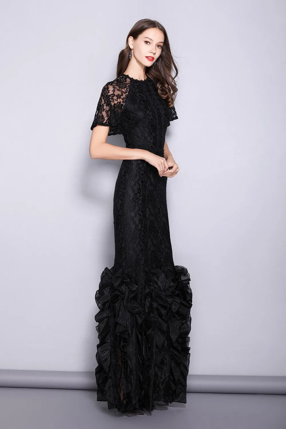 FashionSierra - Women's Runway Designer Dresses O Neck Short Sleeves Embroidery Lace Prom Ruffles Mermaid Black Long Party Dresses