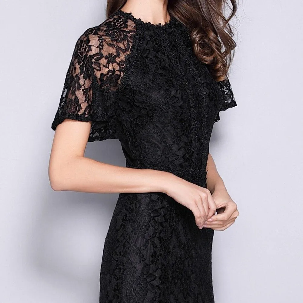 FashionSierra - Women's Runway Designer Dresses O Neck Short Sleeves Embroidery Lace Prom Ruffles Mermaid Black Long Party Dresses