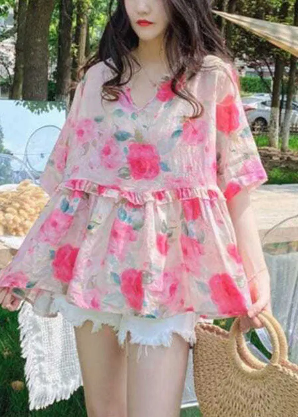 French Pink Ruffled Print Patchwork Cotton Blouses Summer LY2905