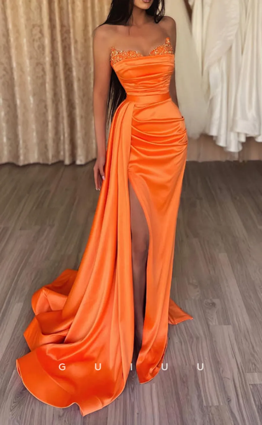 G2551 - Sexy Fitted Sequins Strapless Ruched Long Prom Evening Dresses With Train