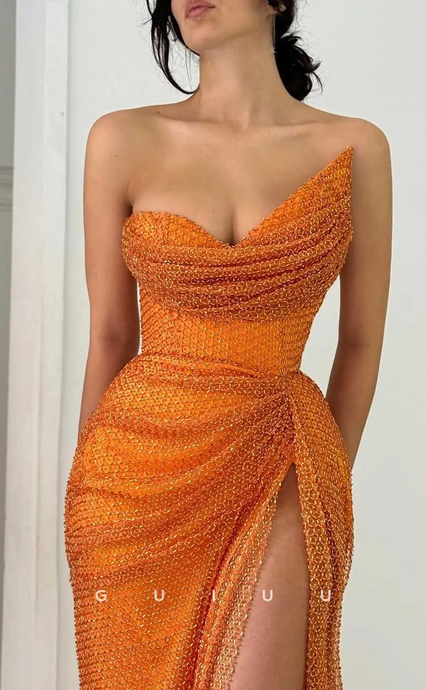 G4434 - Unique Orange Column Strapless Ruched Long Sweep Prom Party Dress with High Slit