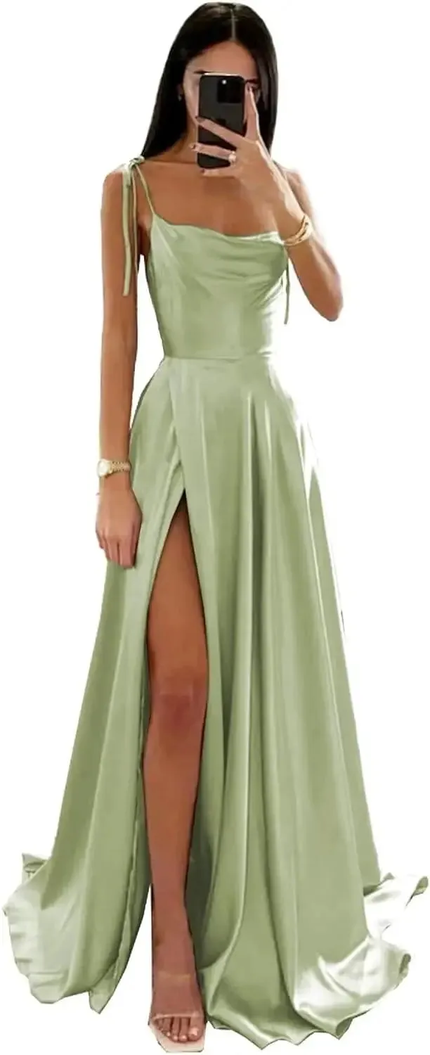 Girlary Women's Spaghetti Straps Silk Prom Dresses with Slit Halter Ruched Aline Formal Evening Gowns Sweet Spring Bridesmaid Dress