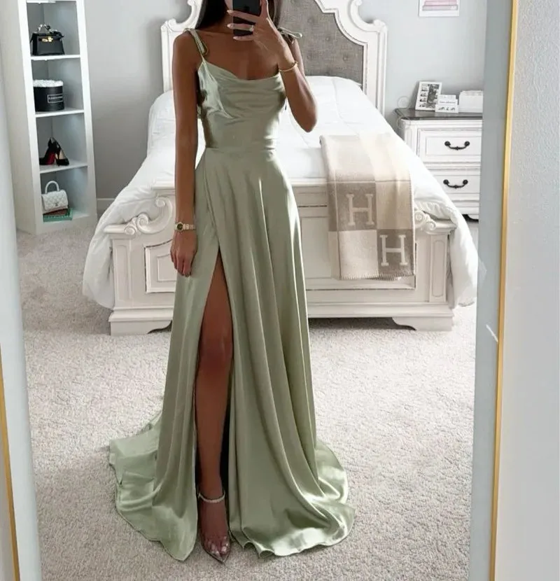 Girlary Women's Spaghetti Straps Silk Prom Dresses with Slit Halter Ruched Aline Formal Evening Gowns Sweet Spring Bridesmaid Dress