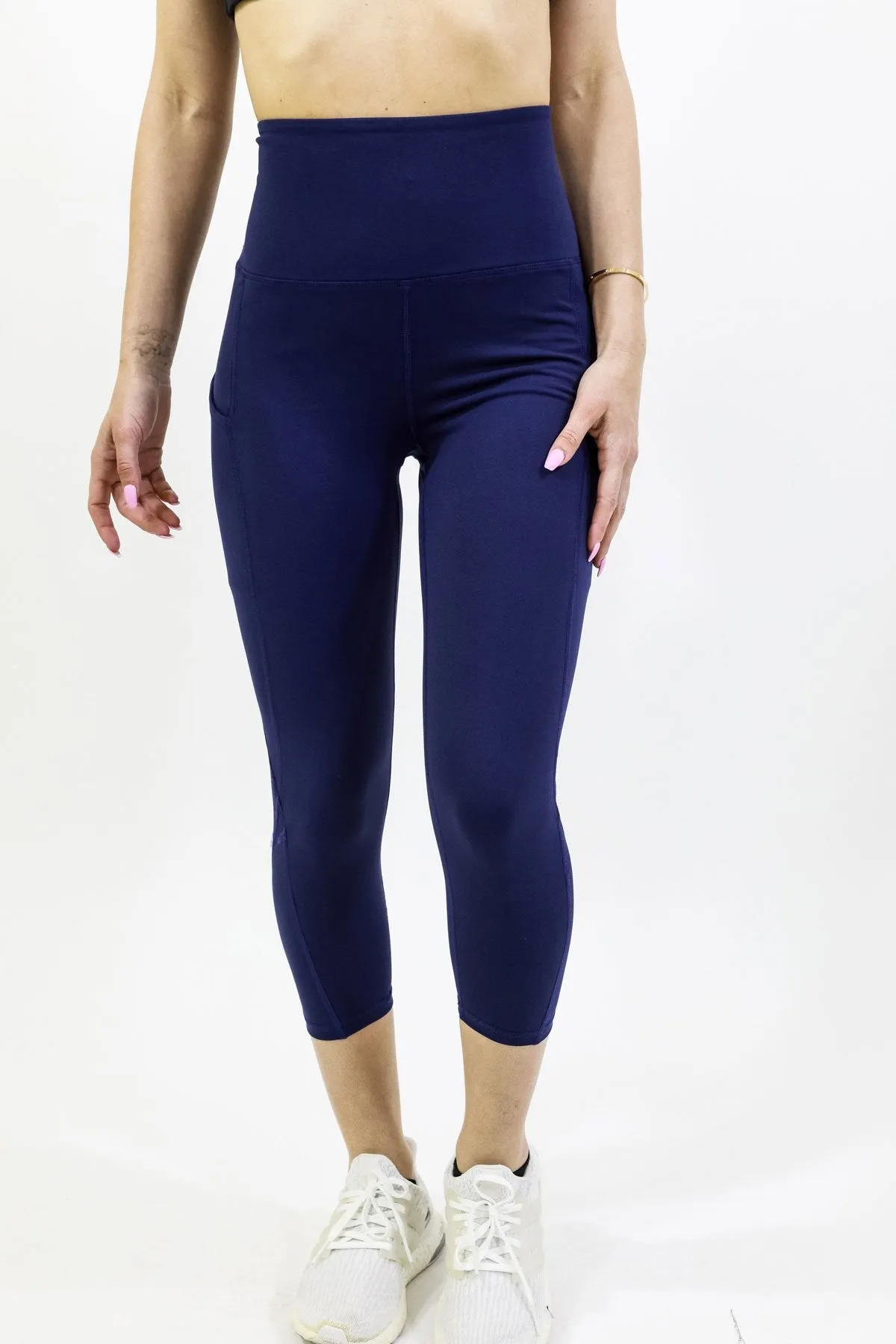 High Waisted Yoga Capri Leggings - Navy Blue