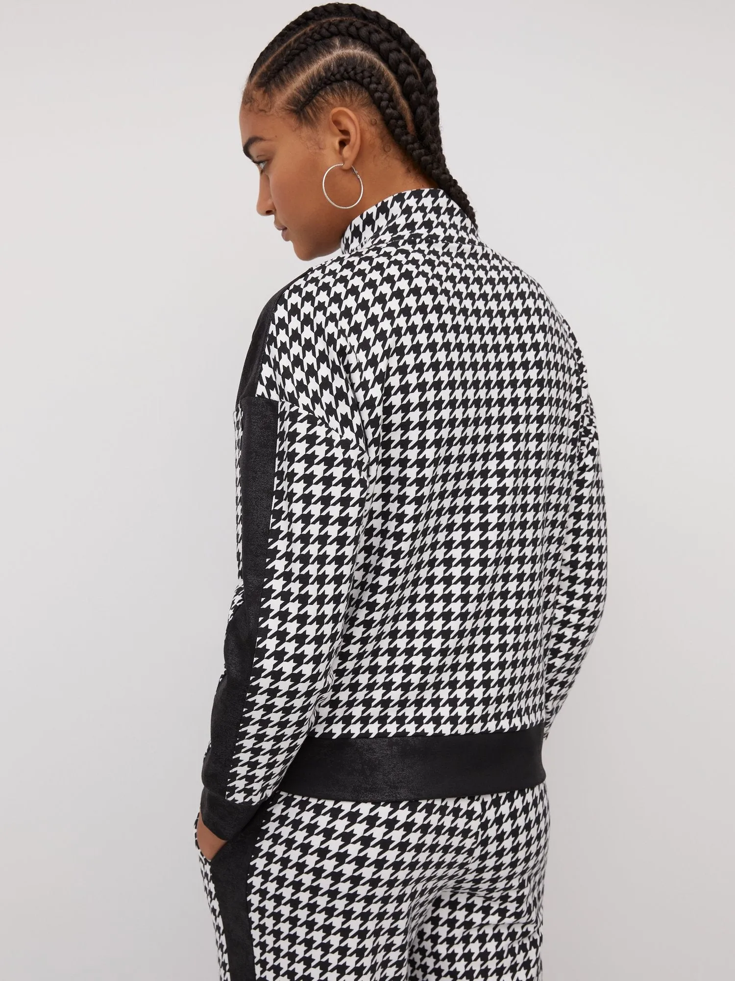 Houndstooth French Terry Faux-Leather Trim Jacket