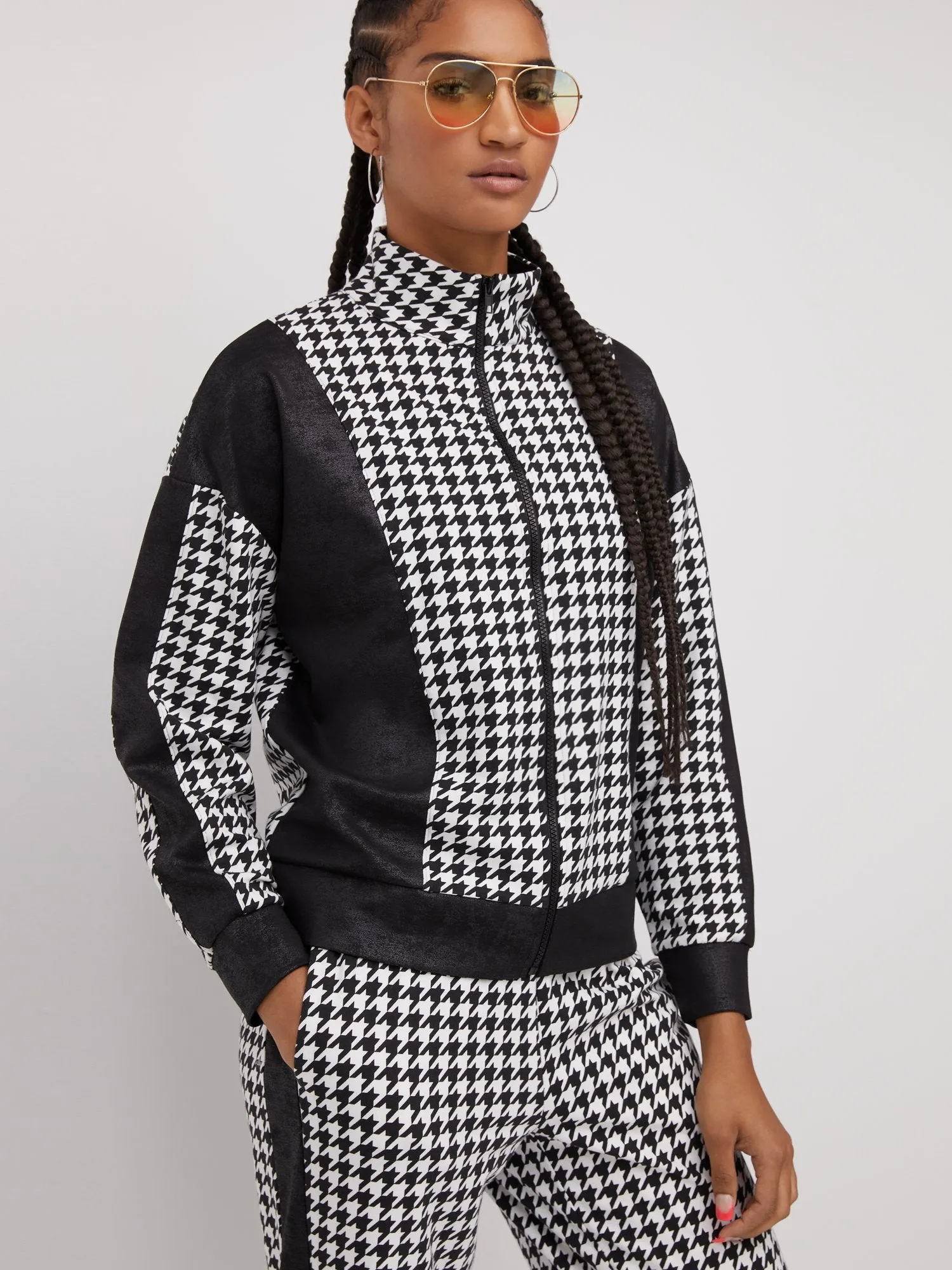 Houndstooth French Terry Faux-Leather Trim Jacket