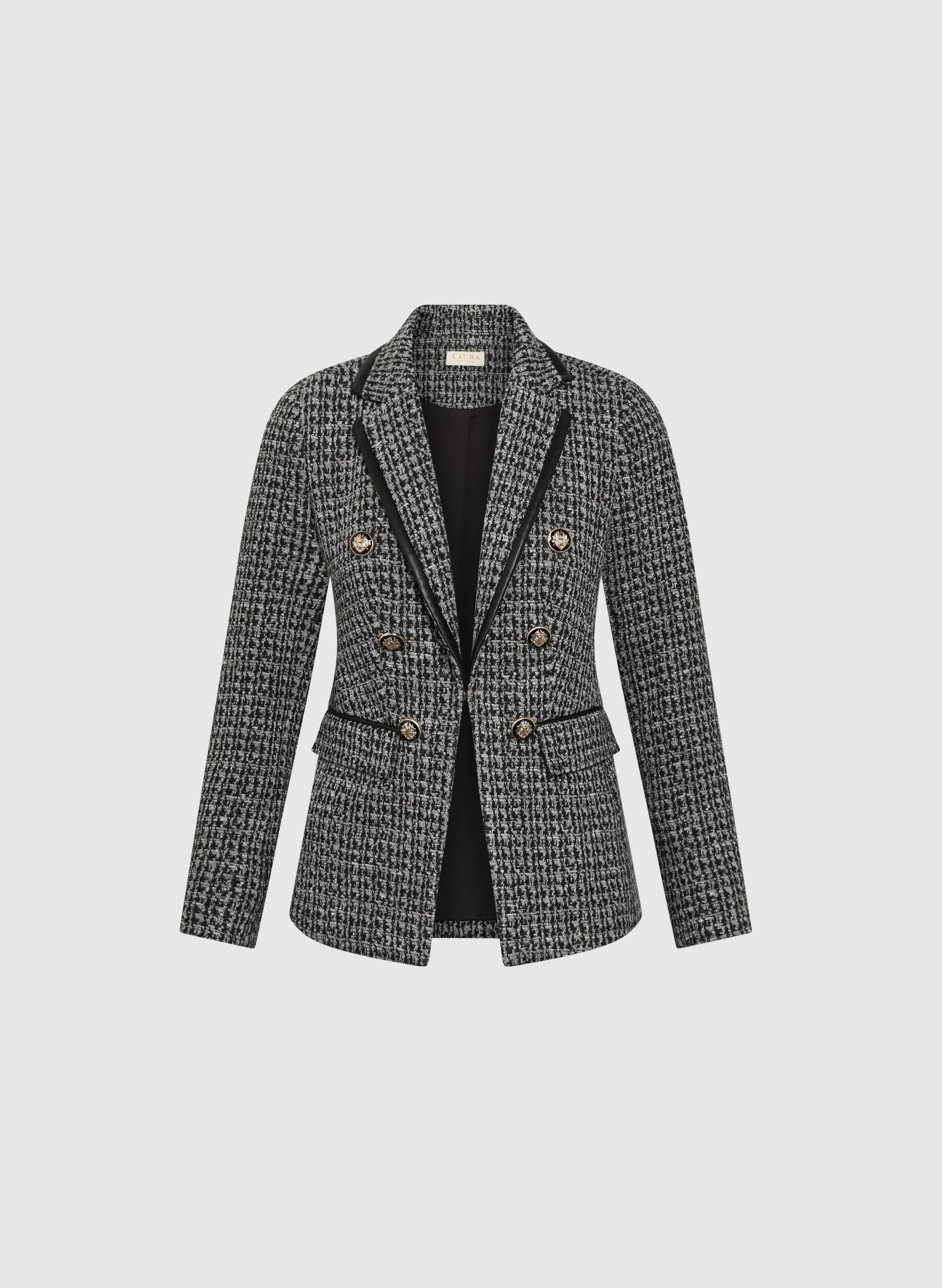 Houndstooth Print Vegan Leather Trim Blazer