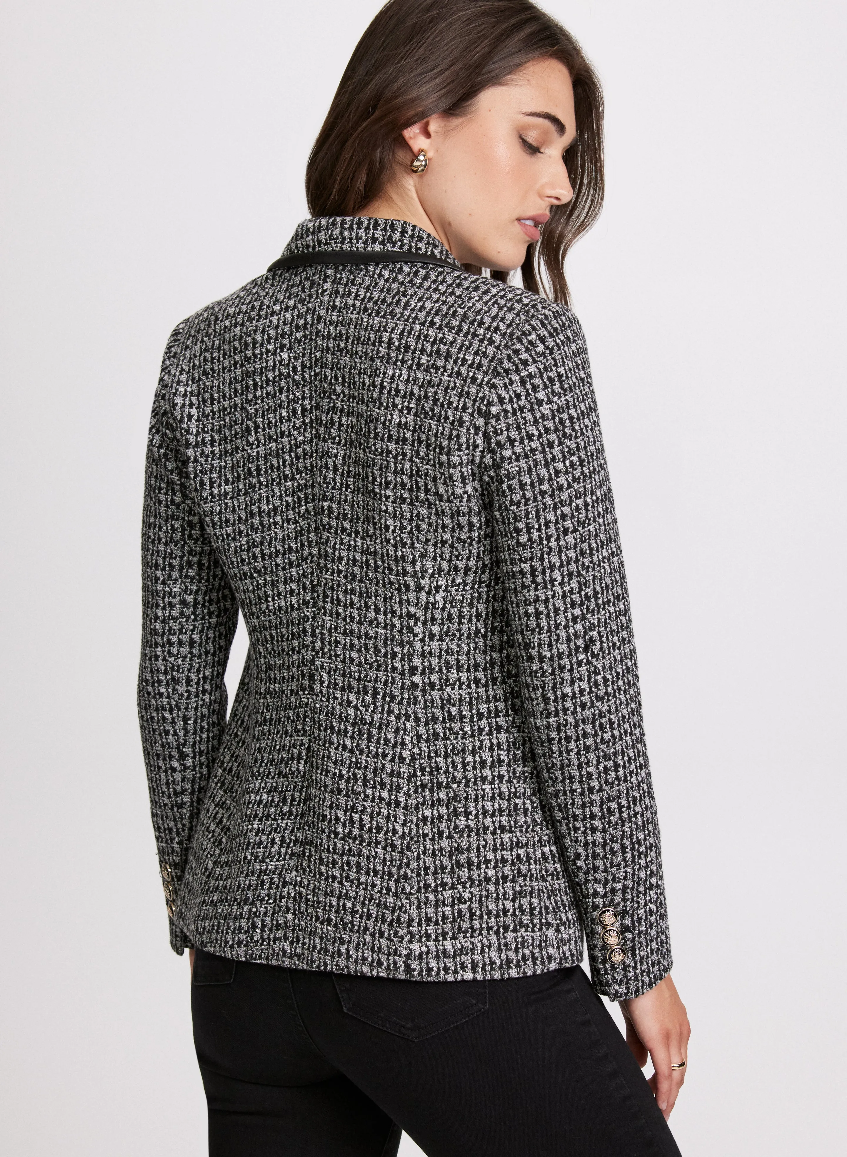 Houndstooth Print Vegan Leather Trim Blazer