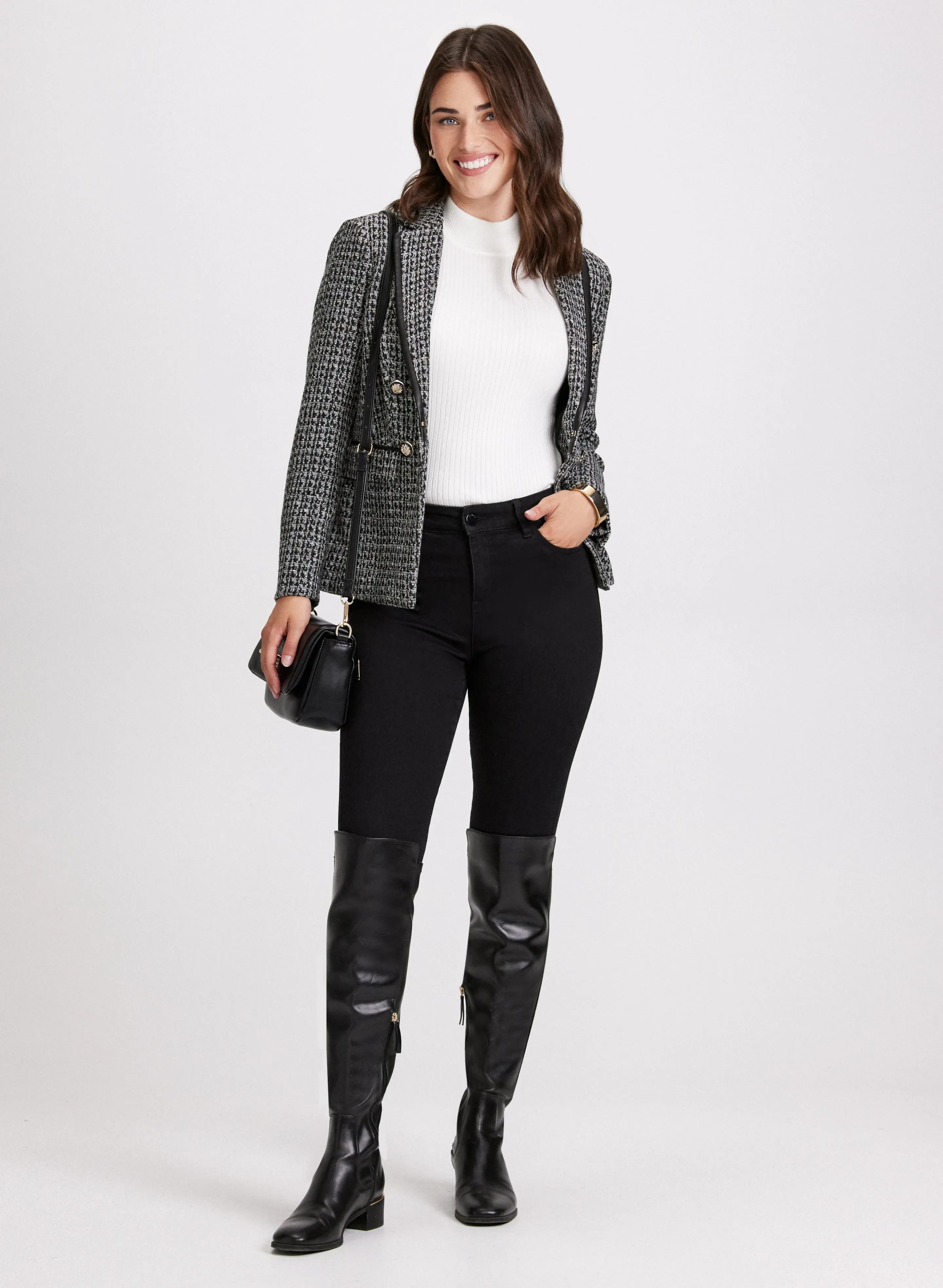 Houndstooth Print Vegan Leather Trim Blazer