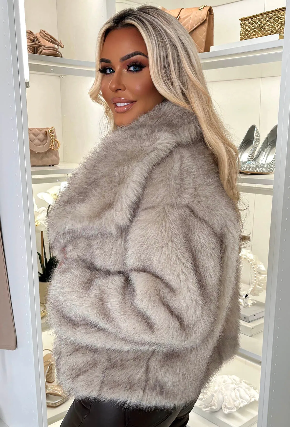 Ionna Taupe Ultra Thick Faux Fur Jacket