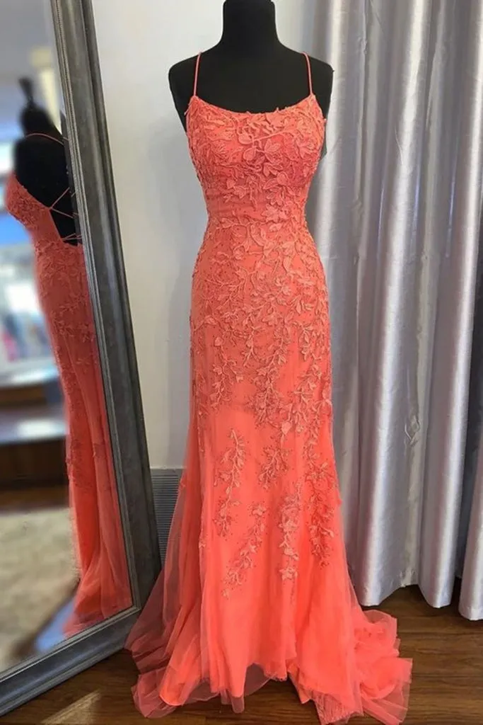 kamahe Mermaid Backless Orange Lace Long Prom Dress, Mermaid Orange Lace Formal Dress, Orange Lace Evening Dress