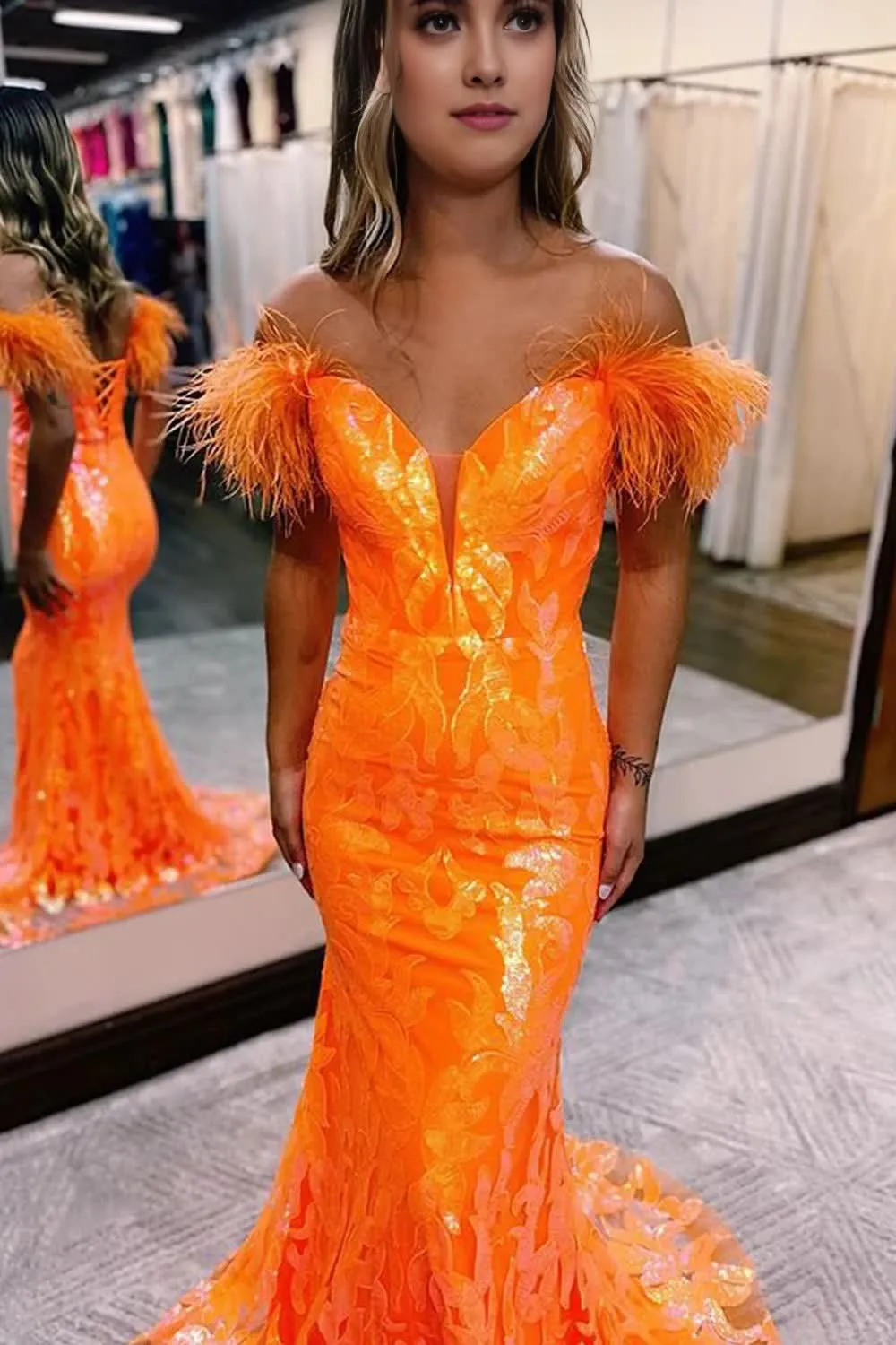 kamahe Sparkly Orange Sequins Off the Shoulder Mermaid Long Prom Dress Split Front Party Evening Dresses