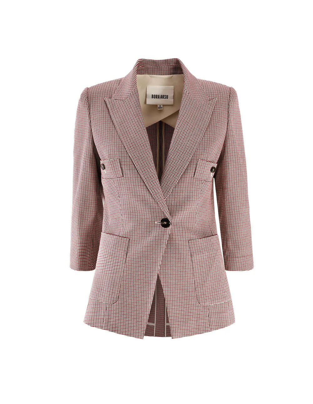 Lapel Collar Patch Pockets Houndstooth Blazer