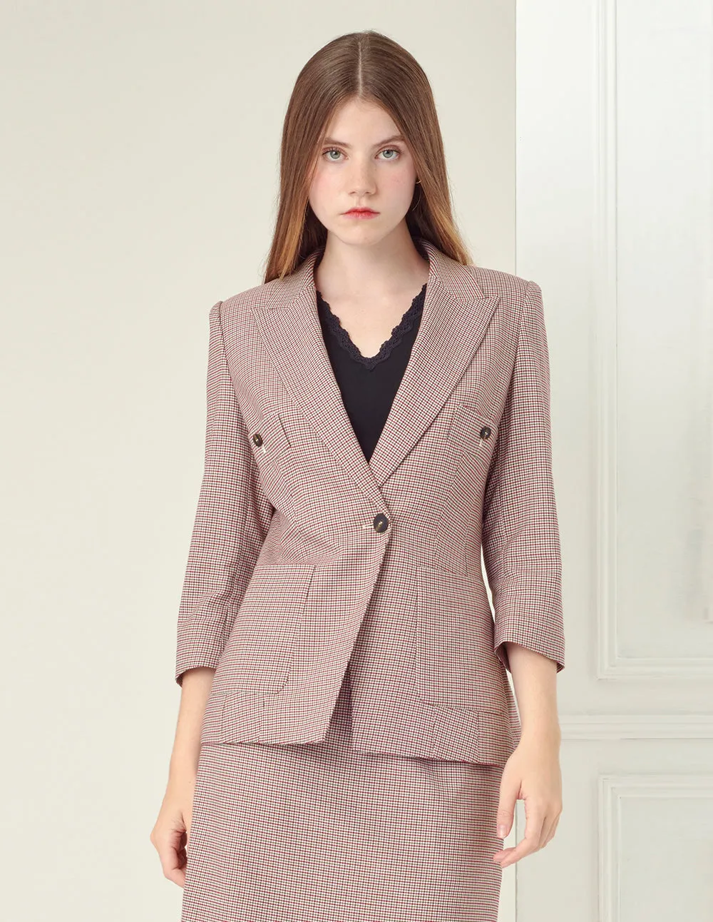 Lapel Collar Patch Pockets Houndstooth Blazer