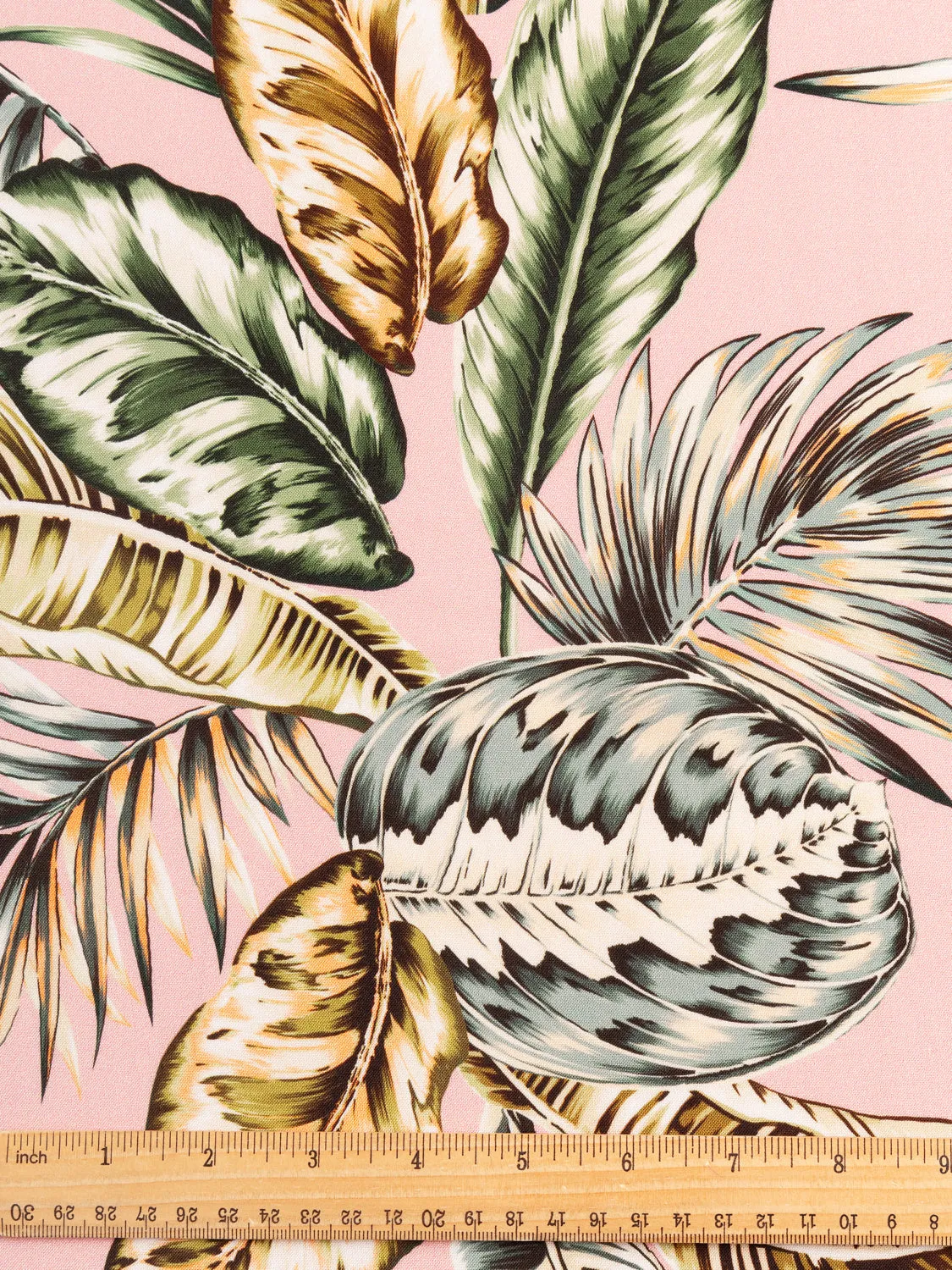 Large Tropical Leaf Print Viscose - Pink   Green - Swatch